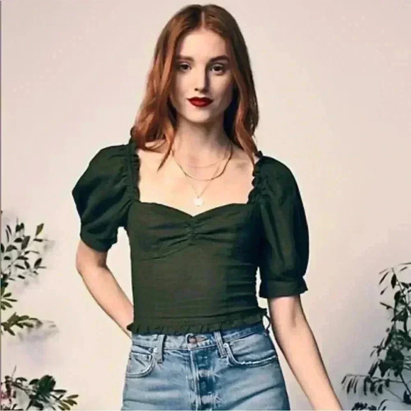 NWT Happy X Nature Dark Green Linen On/Off Shoulder cropped top SIZE XXL - Picture 1 of 8